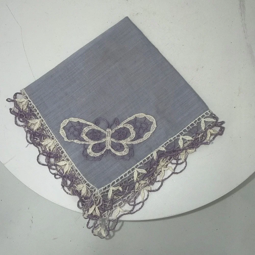 vintage lavender handkerchief w/ a butterfly crochet design and lace edging